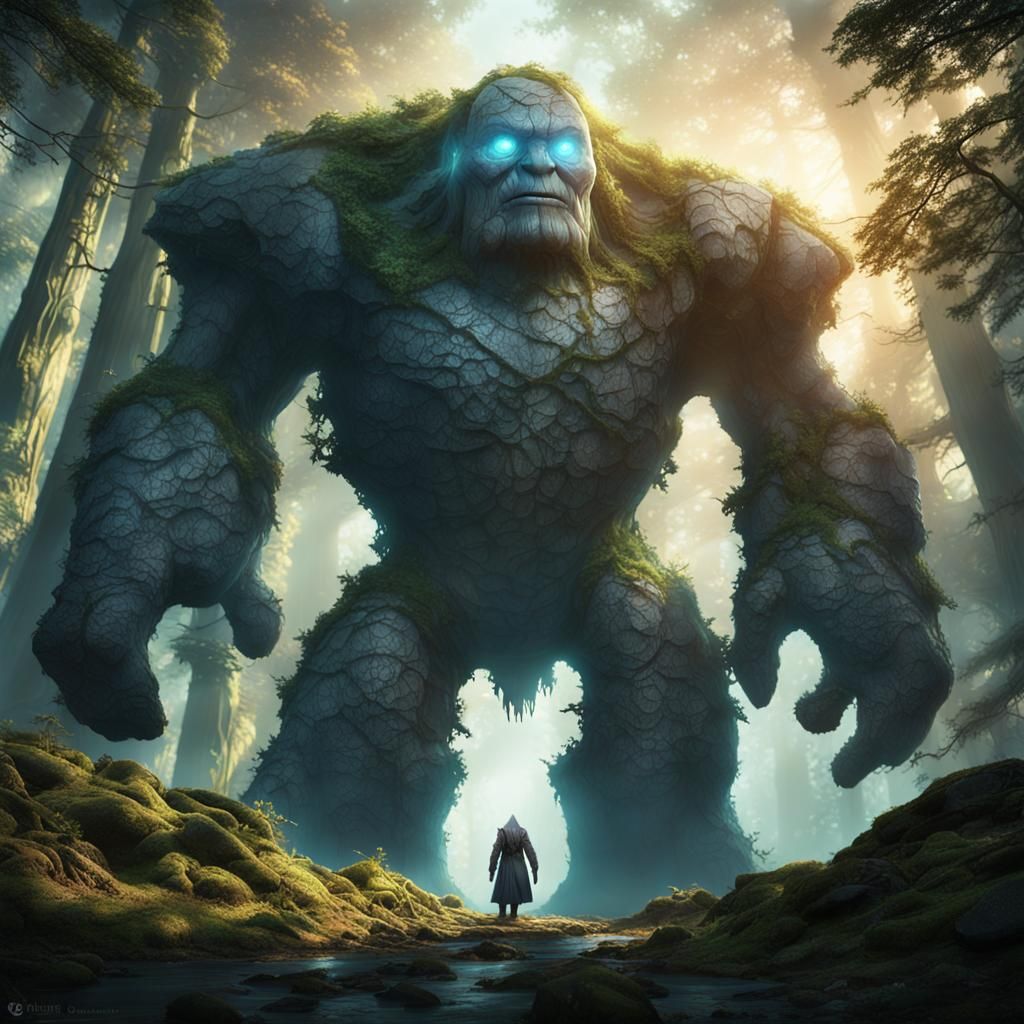 Radiant Golem in Mystical Forest: Digital Art