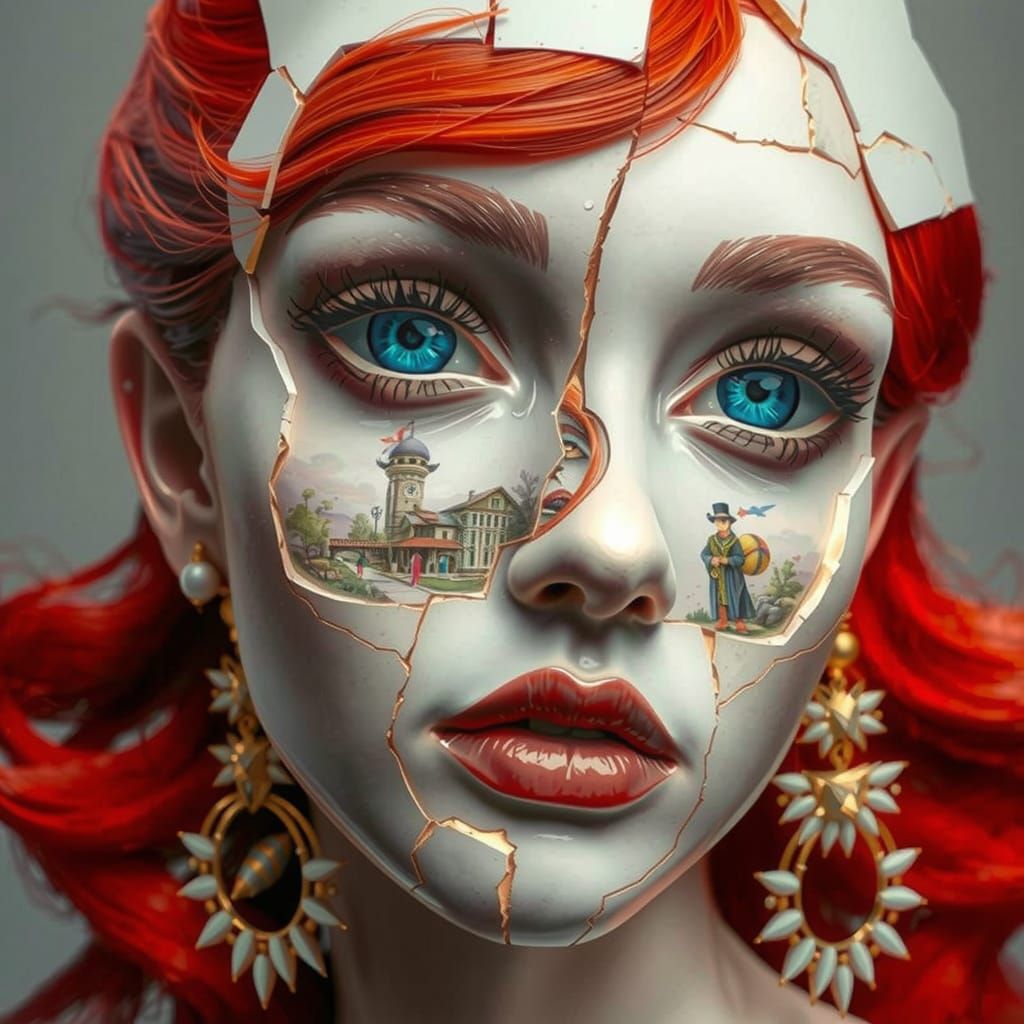 Surreal Woman's Face in Fragments, with Intricate Scenes and...