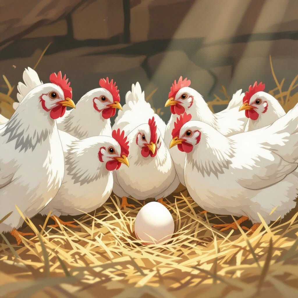 White Hens Proudly Guard a Single White Egg