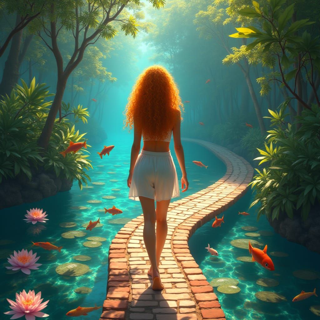 Vibrant Beauty Walks Along Turquoise Water, with Auburn Hair...