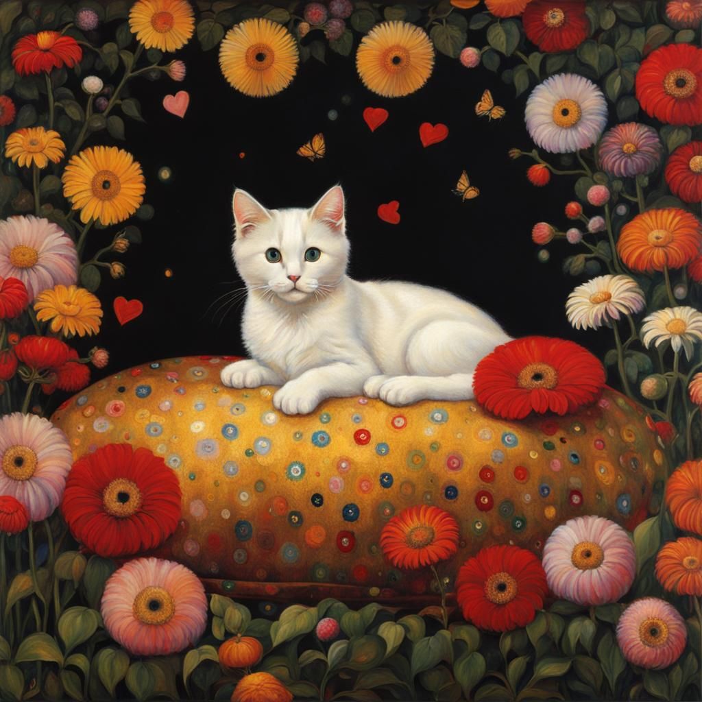 Cute Cat in Klimt Style Floral Art Nouveau