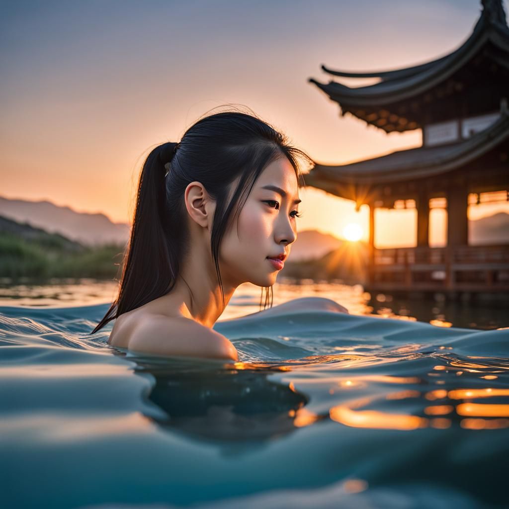 Sunset Woman in Water: Realistic Portrait
