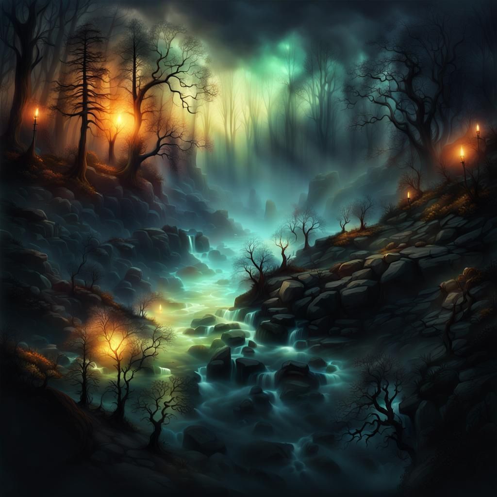 Ethereal Realm: Black Fog in a Dark Fantasy Landscape