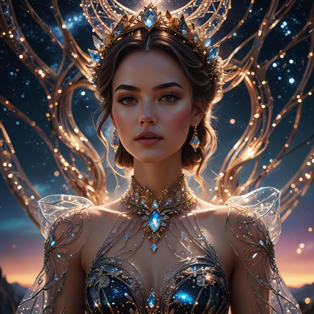 Woman in Glass Dress Against Night Sky