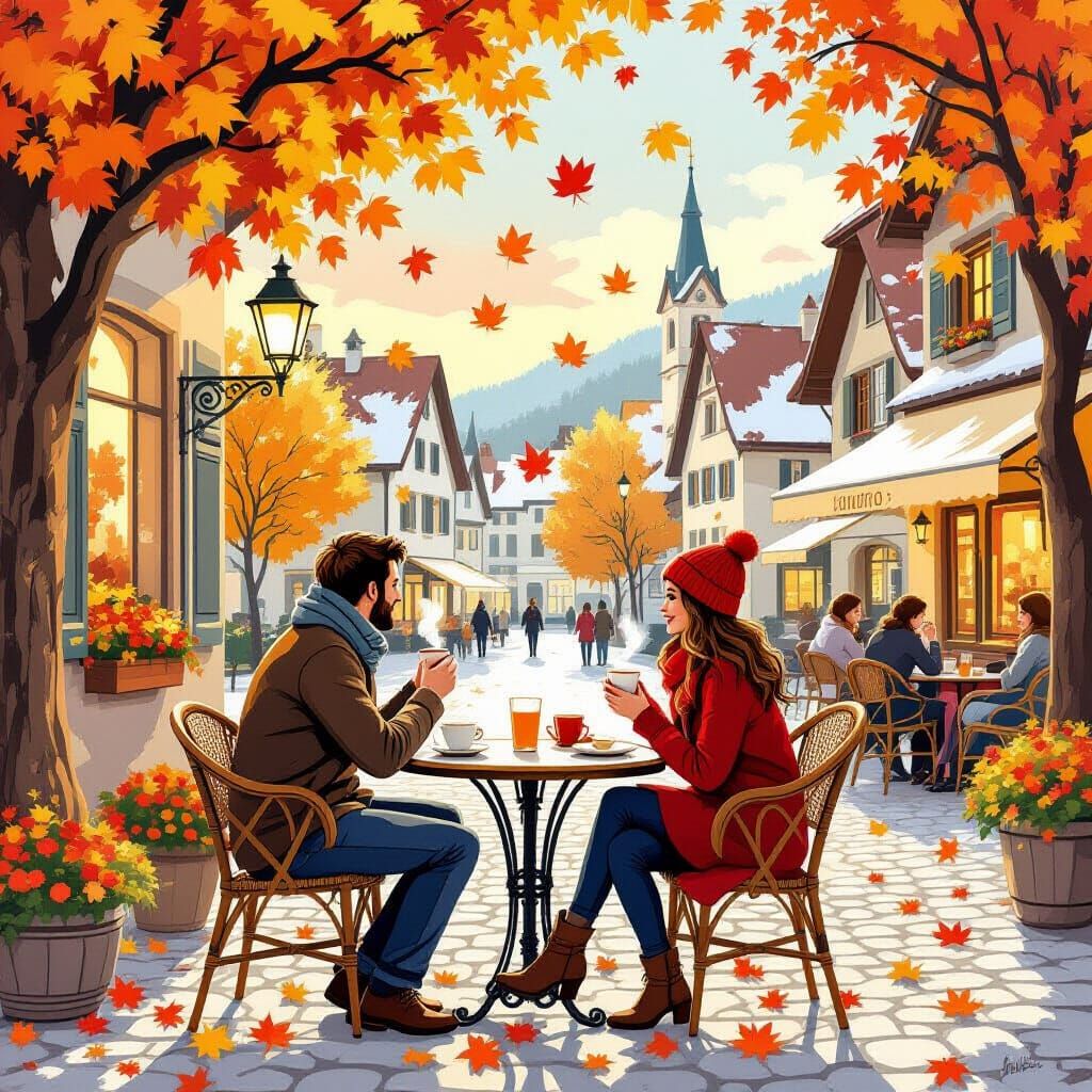 Cozy Cafe Scene in Austrian Village, Children's Book Illustr...