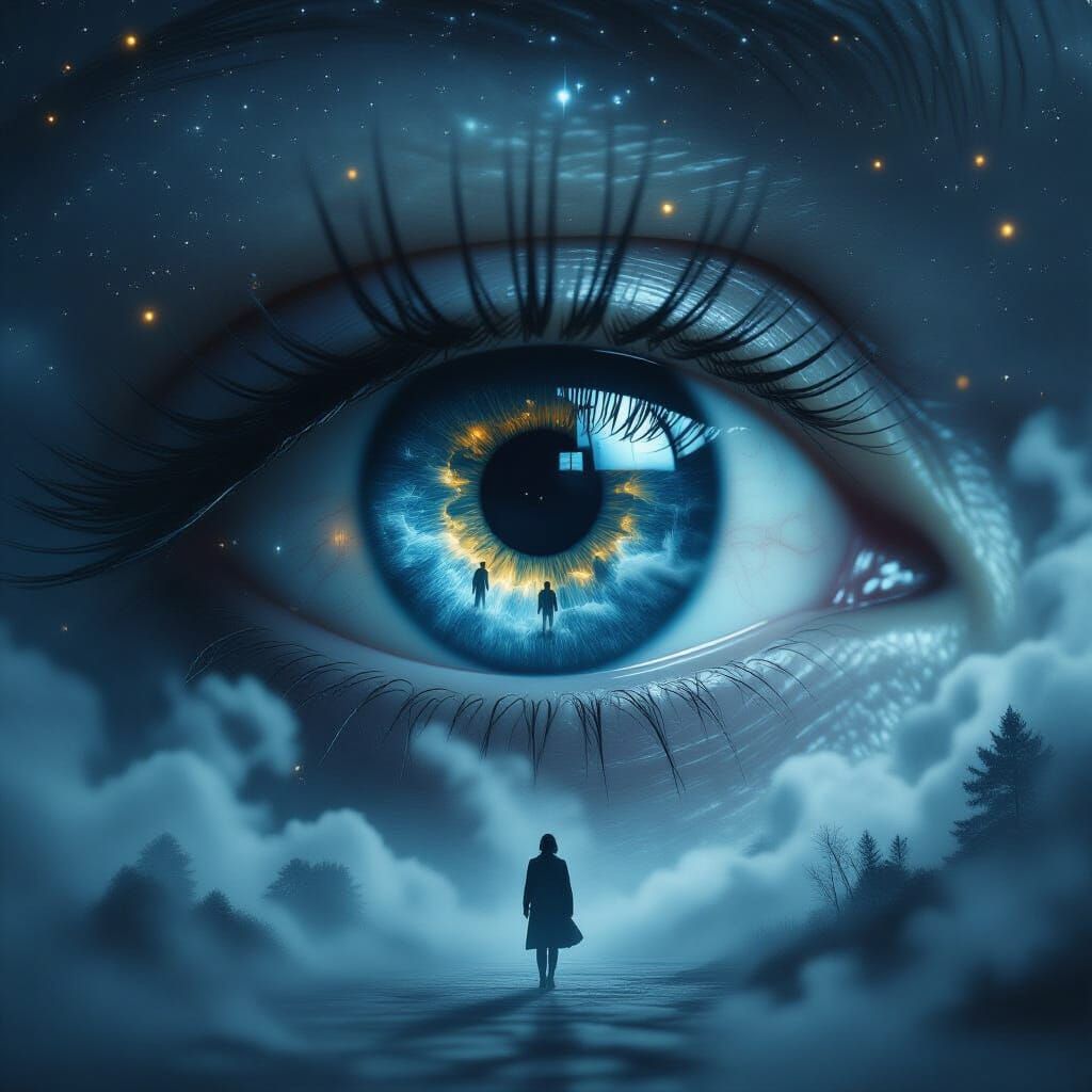 Giant Surreal Eye Reflecting Dreams in Starry Mist