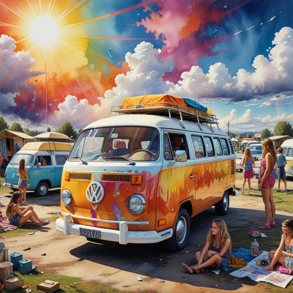 Psychedelic Hippie Van in a Caravan Park