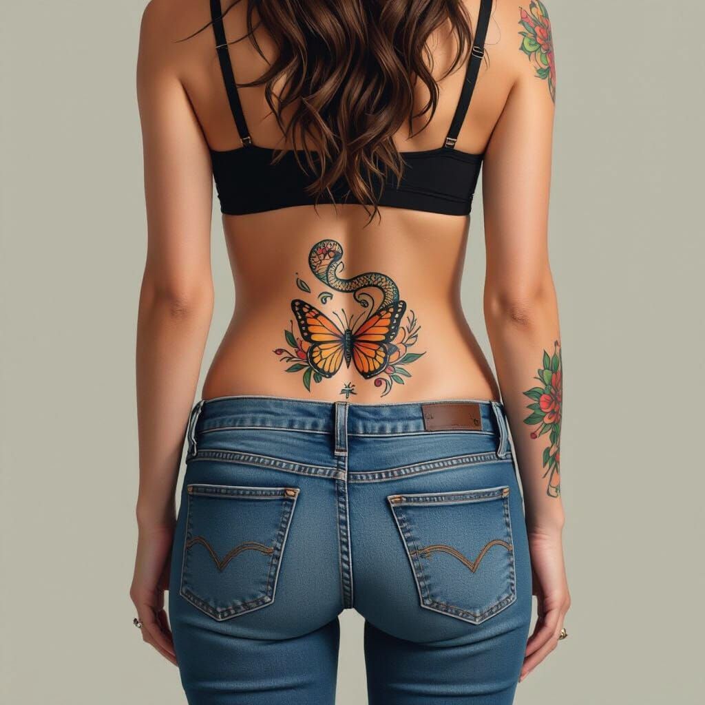 Woman with Snake and Butterfly Tattoo in Fine Line Style