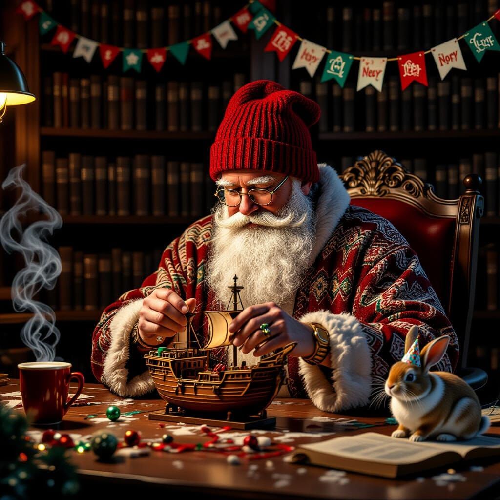 Santa's Rabbit Celebrates New Year in Study