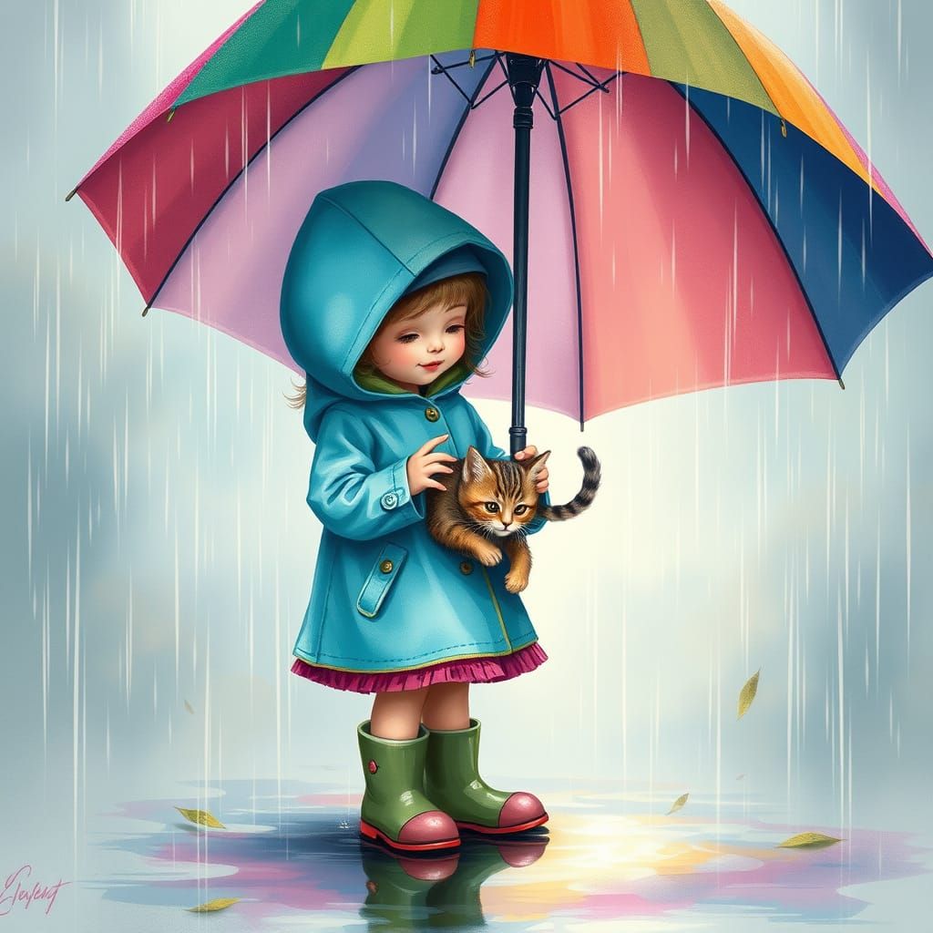 Girl with Kitten Under Umbrella, Beatrix Potter Style
