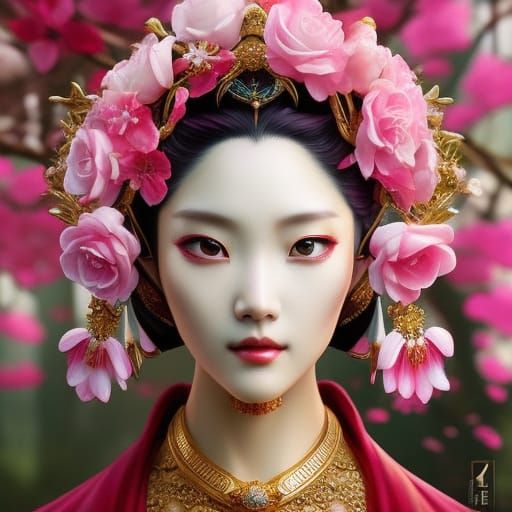 Japanese Woman in Kimono Under Cherry Blossoms