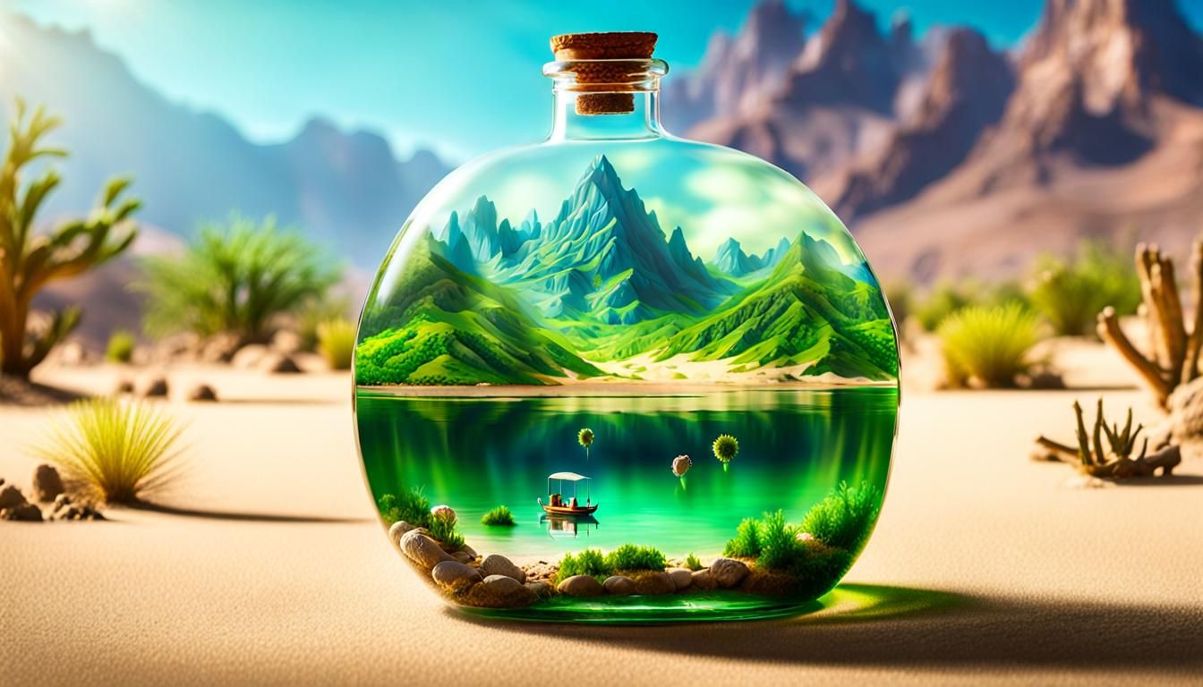 Bottle Terrarium Floating in Desert Lake Landscape