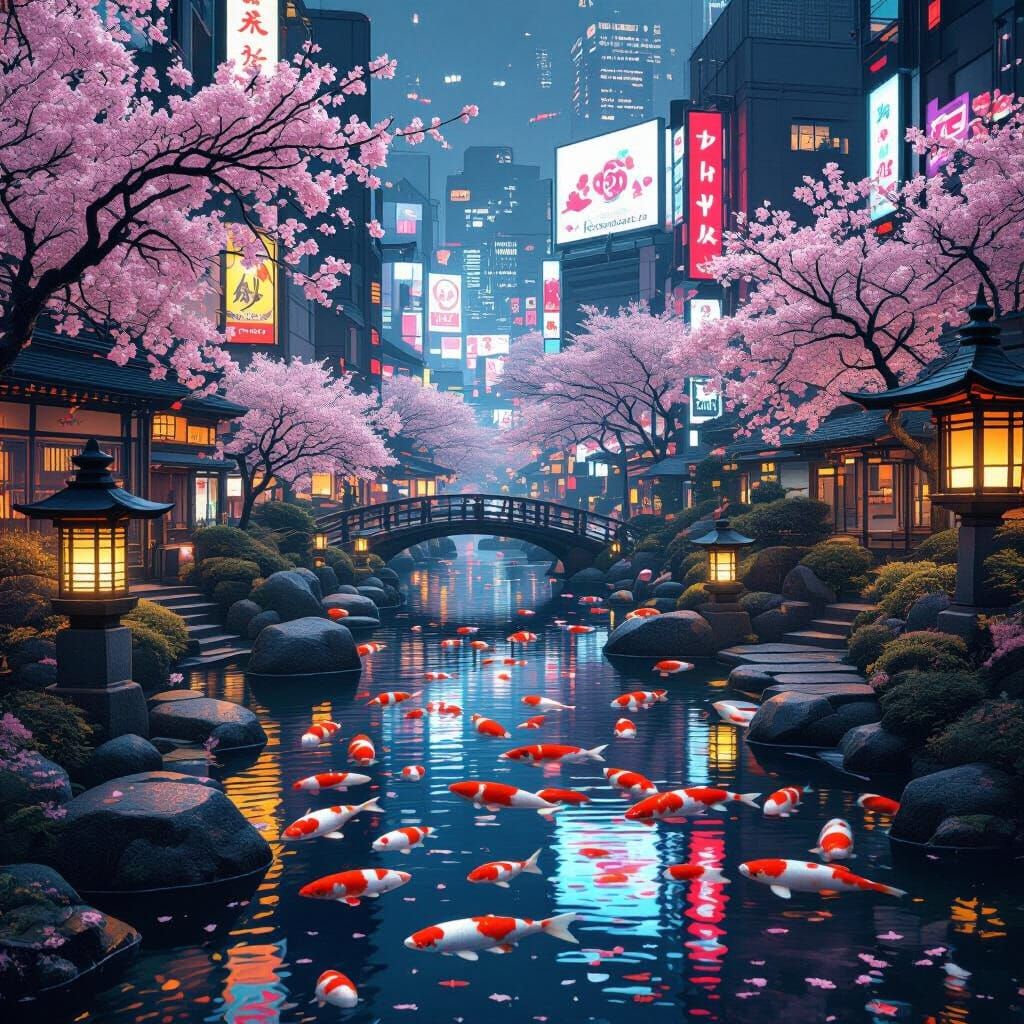 Cyberpunk Japanese Garden with Neon Koi Ponds