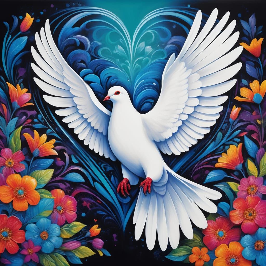 Heart-Shaped Dove Amidst Vibrant Street Art Flowers