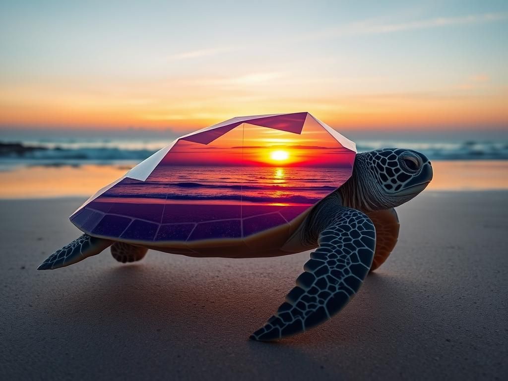 Geometric Sea Turtle with Surreal Sunset Beach