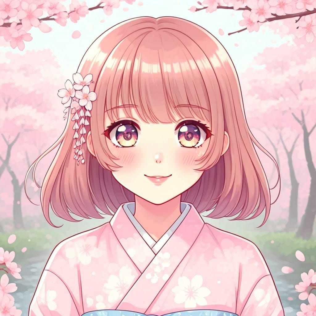 Anime Girl in Sakura Garden, Kawaii Art