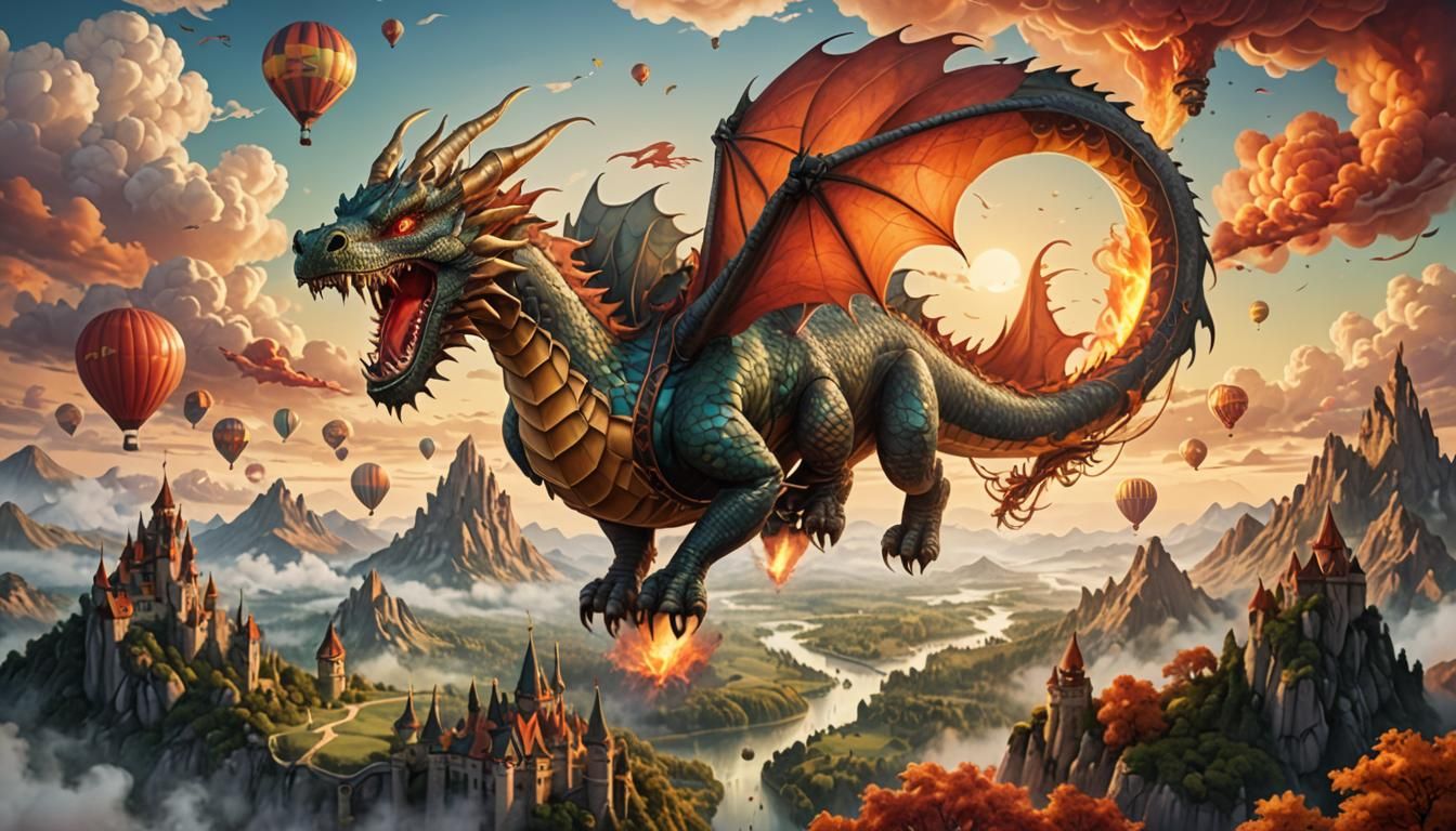 Dragon Hot Air Balloon Over Mystical Landscape
