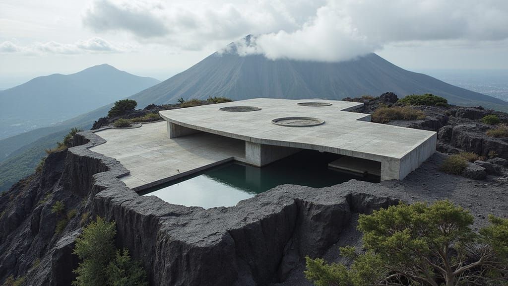 Brutalist Volcano Lair: A Villain's Modernist Fortress
