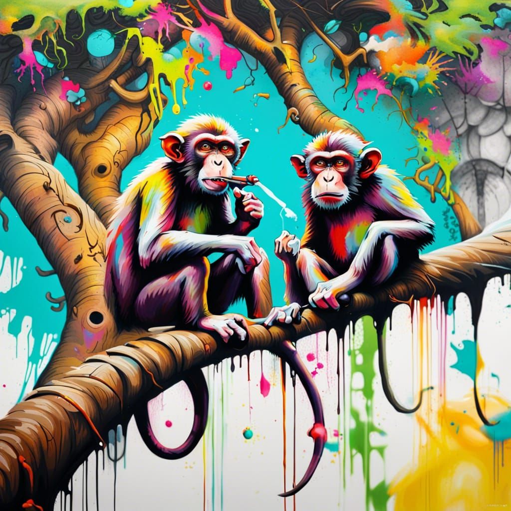 Monkeys Smoking in Tree: Graffiti Street Art