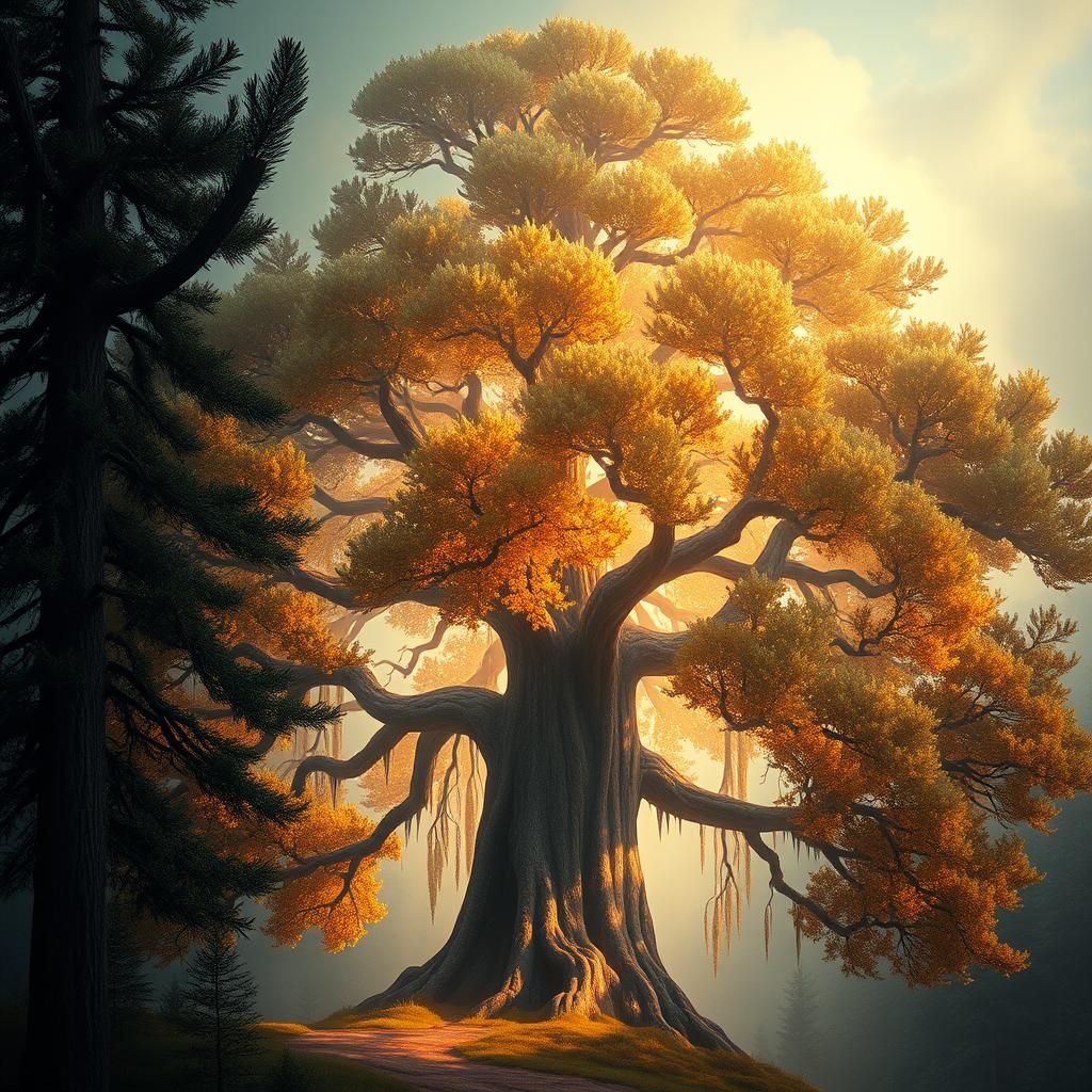 Opalescent Conifer Tree in Fantasy World: Photorealistic Art