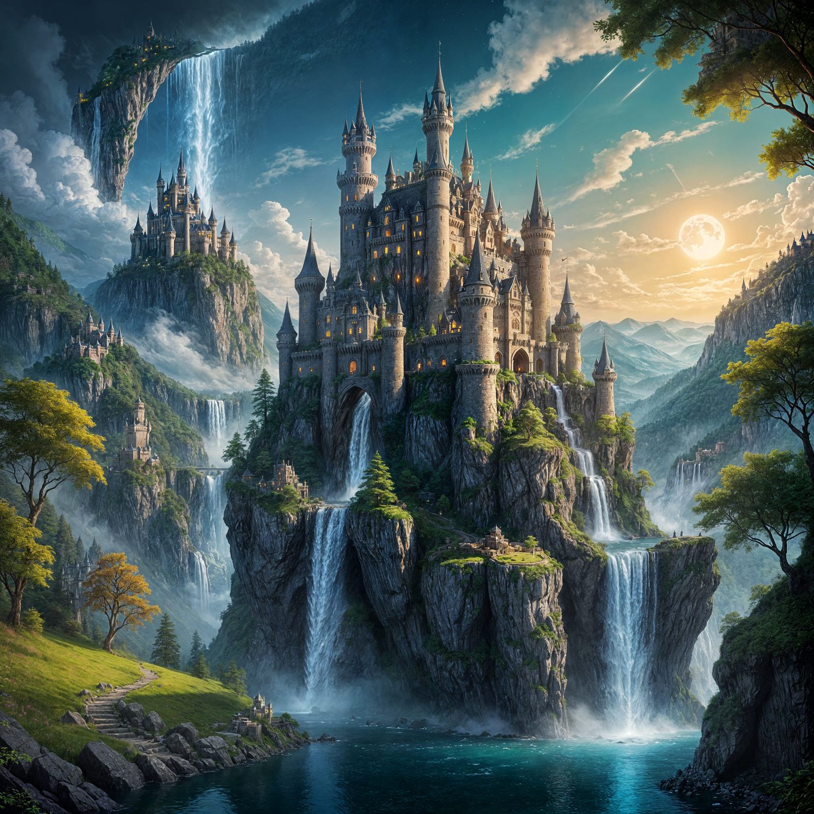 Floating Castle Connected by Magical Waterfall