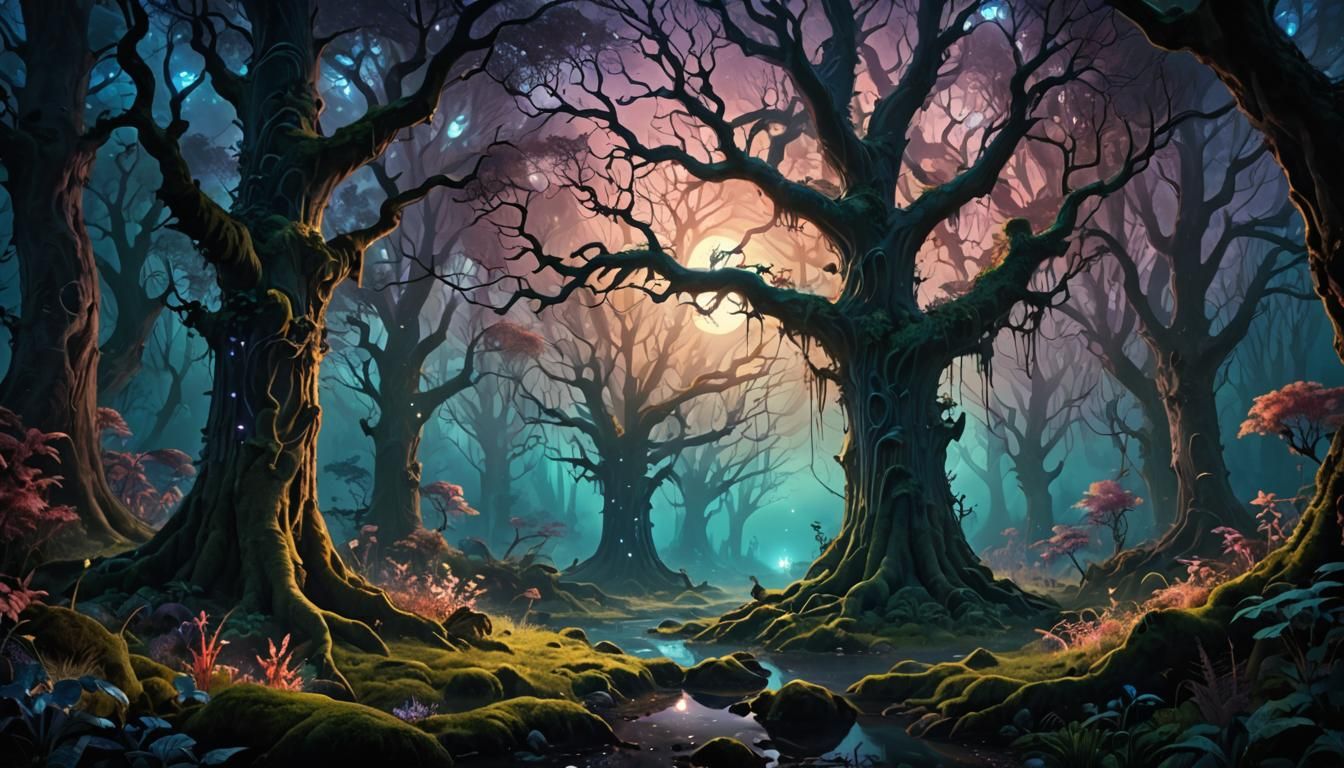 Mystical Forest with Glowing Plants in Watercolor Style