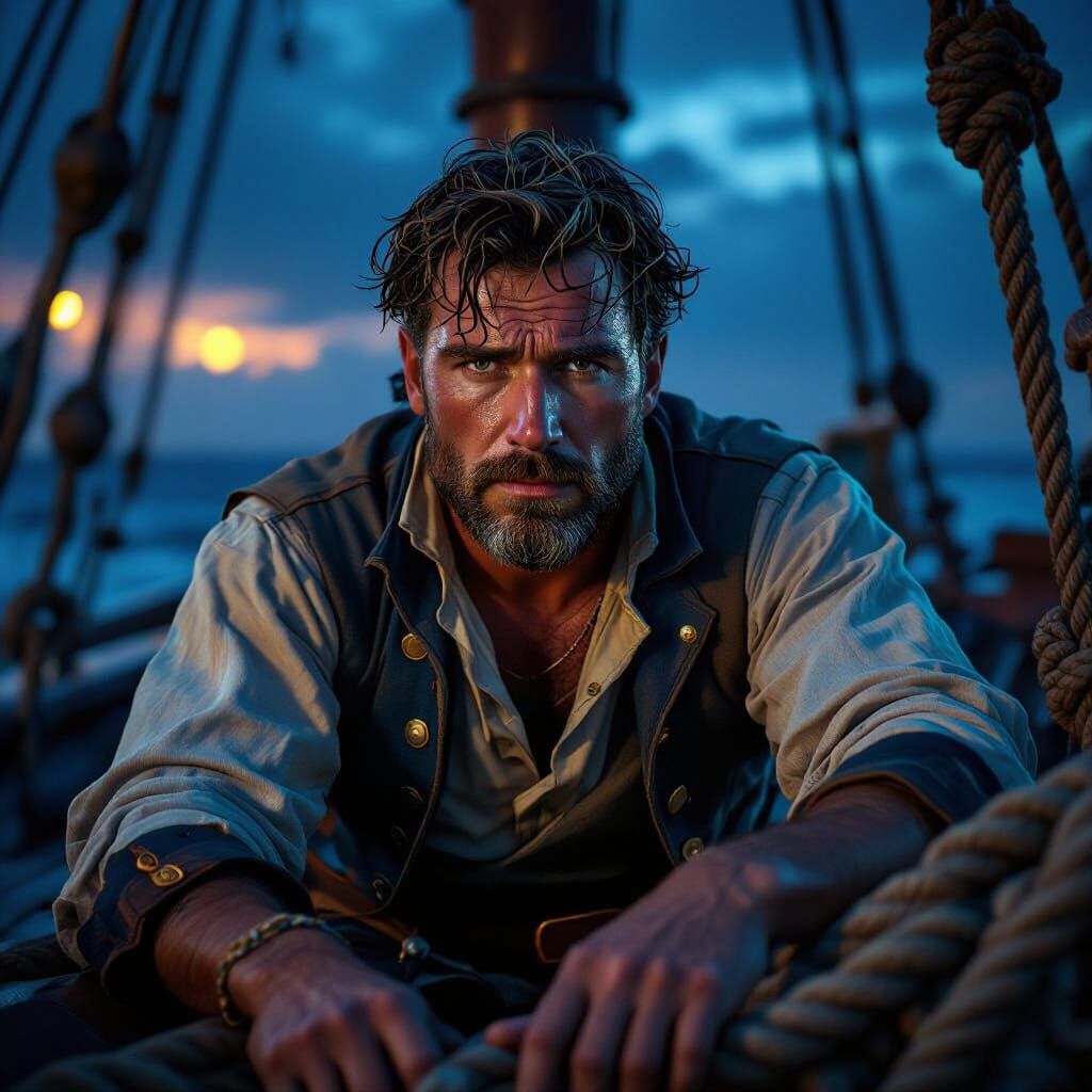 Exhausted Sailor Slumped Over Ropes in Cinematic Night Scene