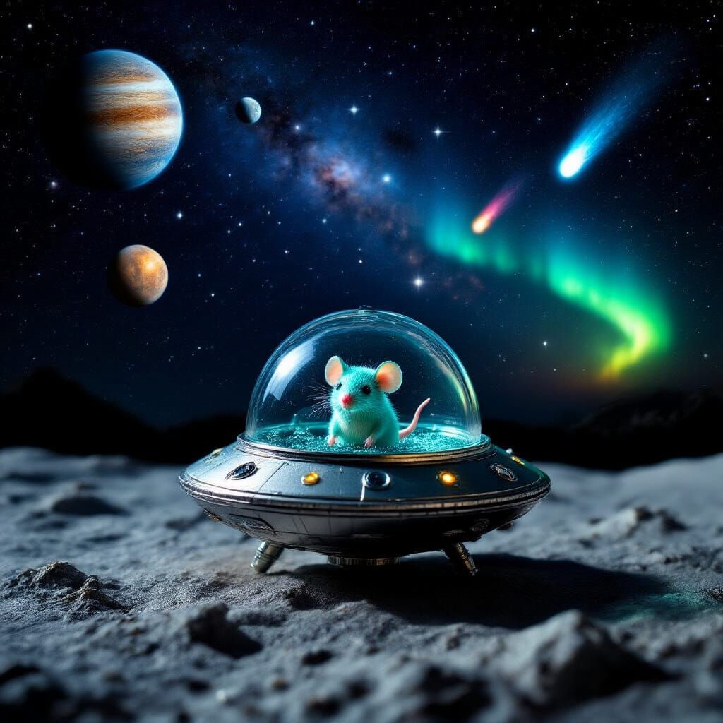 Alien Spaceship with Chibi Mouse on Moon Surface