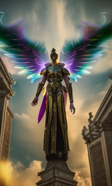 Hyperrealistic Archangel with Neon Armor and Fire Sword