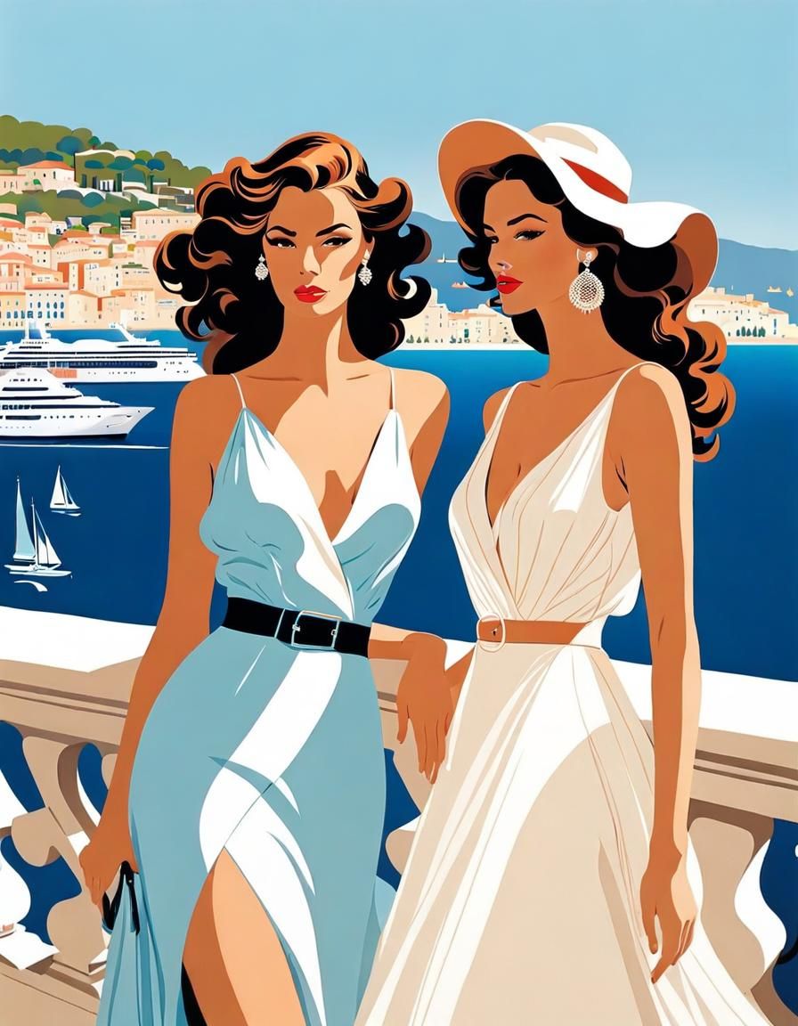French Riviera Illustration of Two Girls