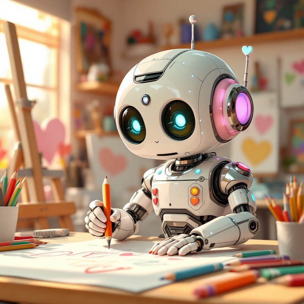 Whimsical Robot Drawing in Sunny Art Studio
