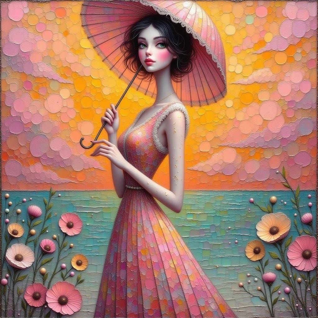 Woman with Parasol in Impasto Oil Glazed Style