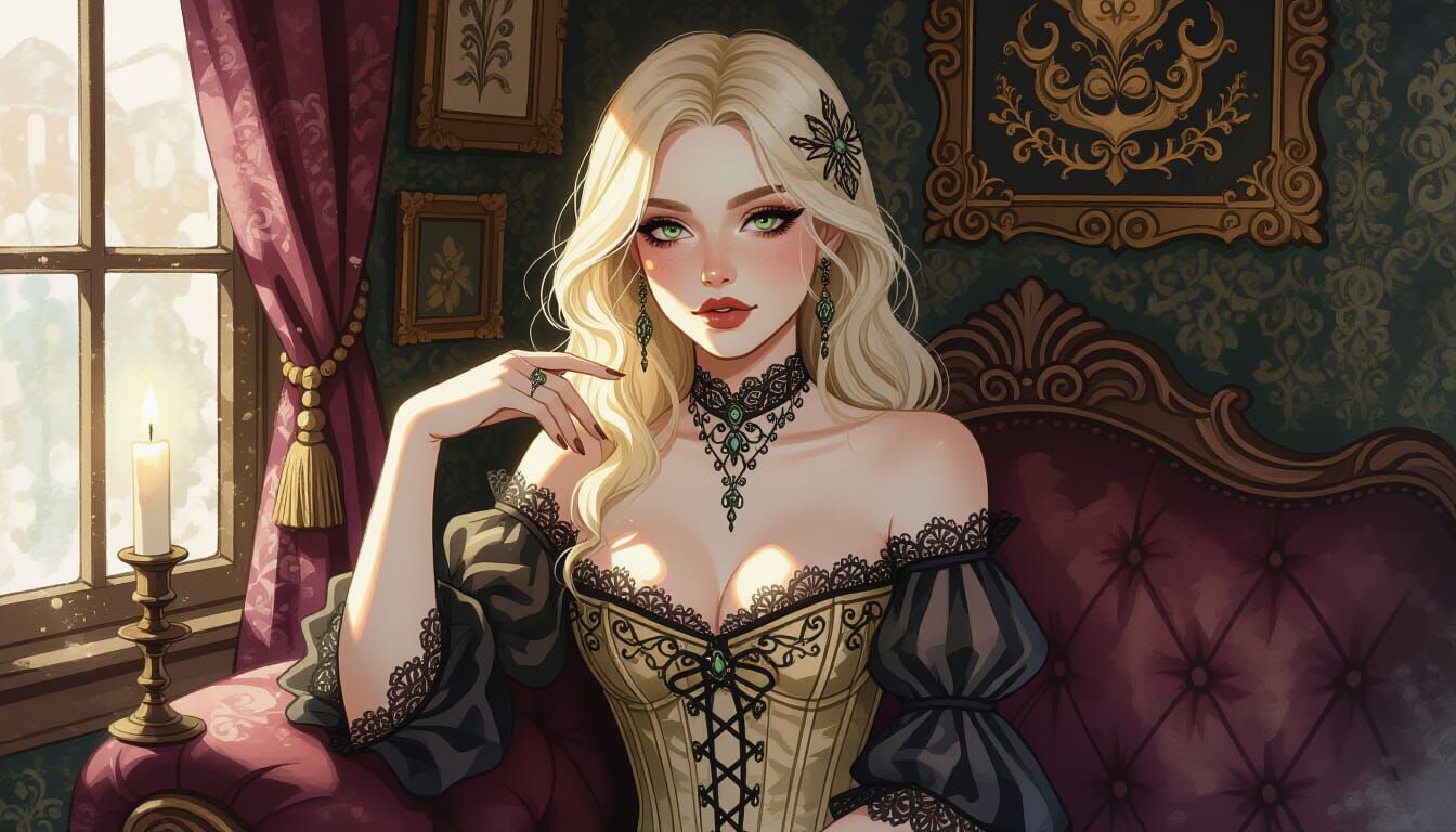 Goth Necromancer in Parisian Brothel Ink Wash Illustration