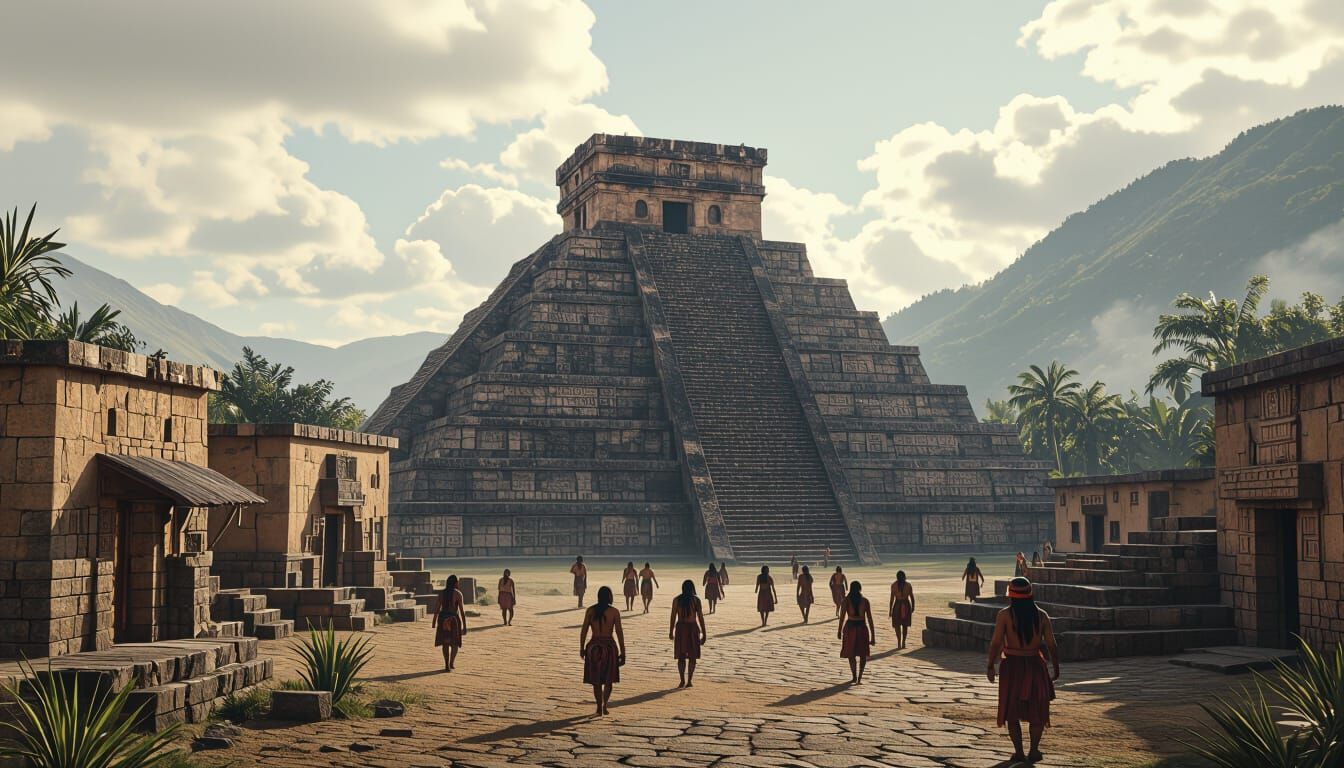 Hyperrealistic Aztec Village with Central Pyramid