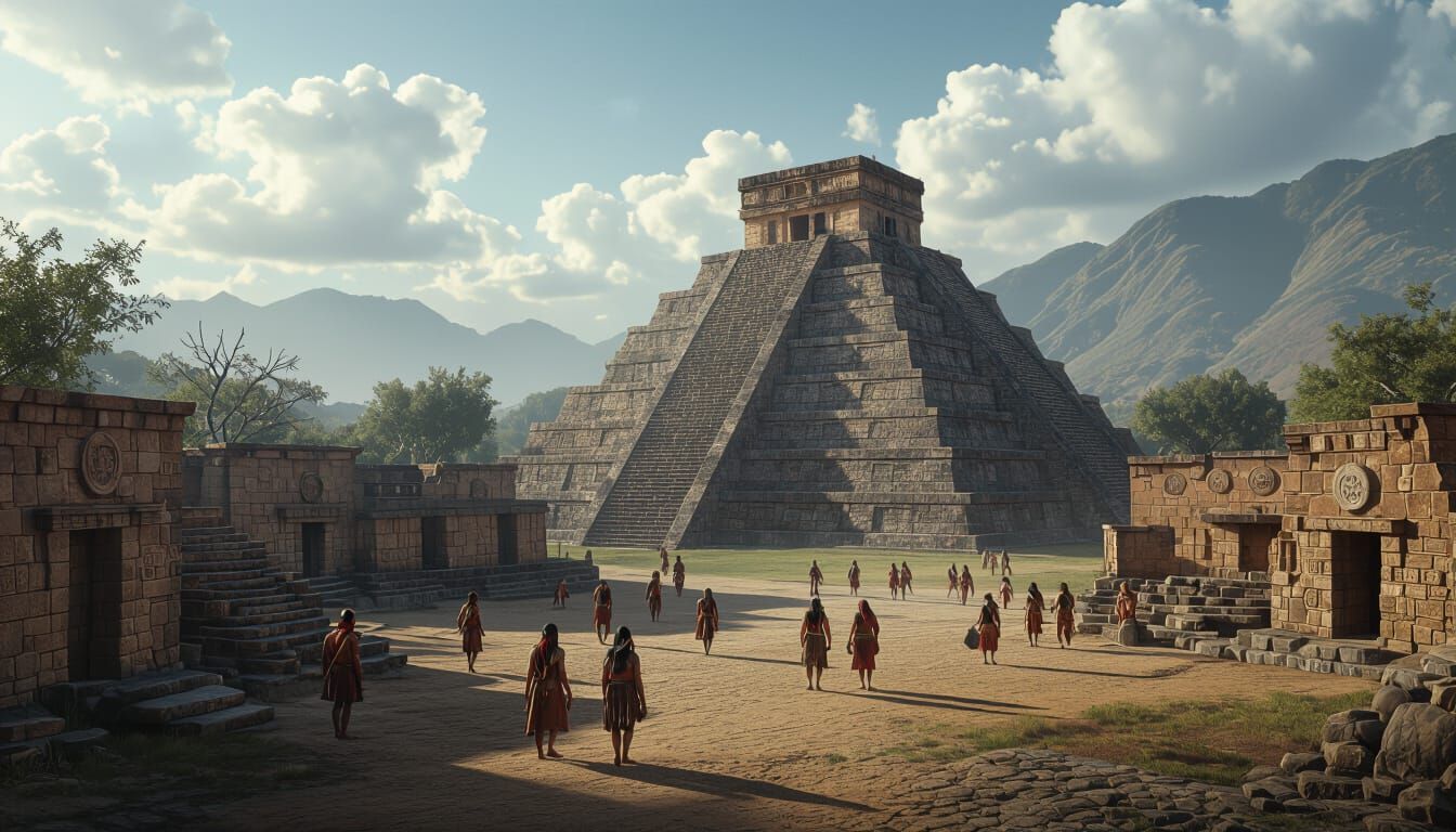 Ancient Aztec Village with Pyramid in HDR