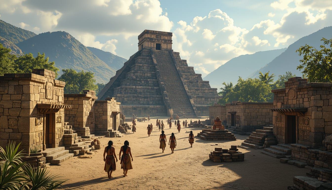 Hyperrealistic Aztec Village with Pyramid