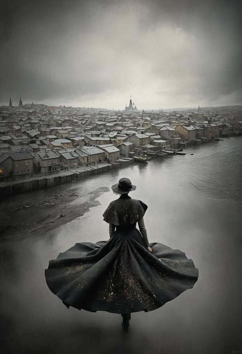 Crowd Scene in Golden Matte Painting Style