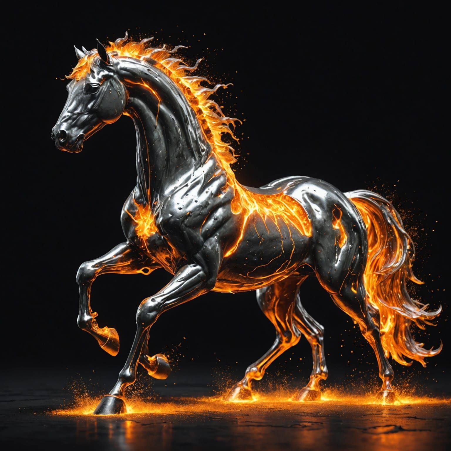 Dramatic Molten Titanium Horse in Fiery 3D Rendering