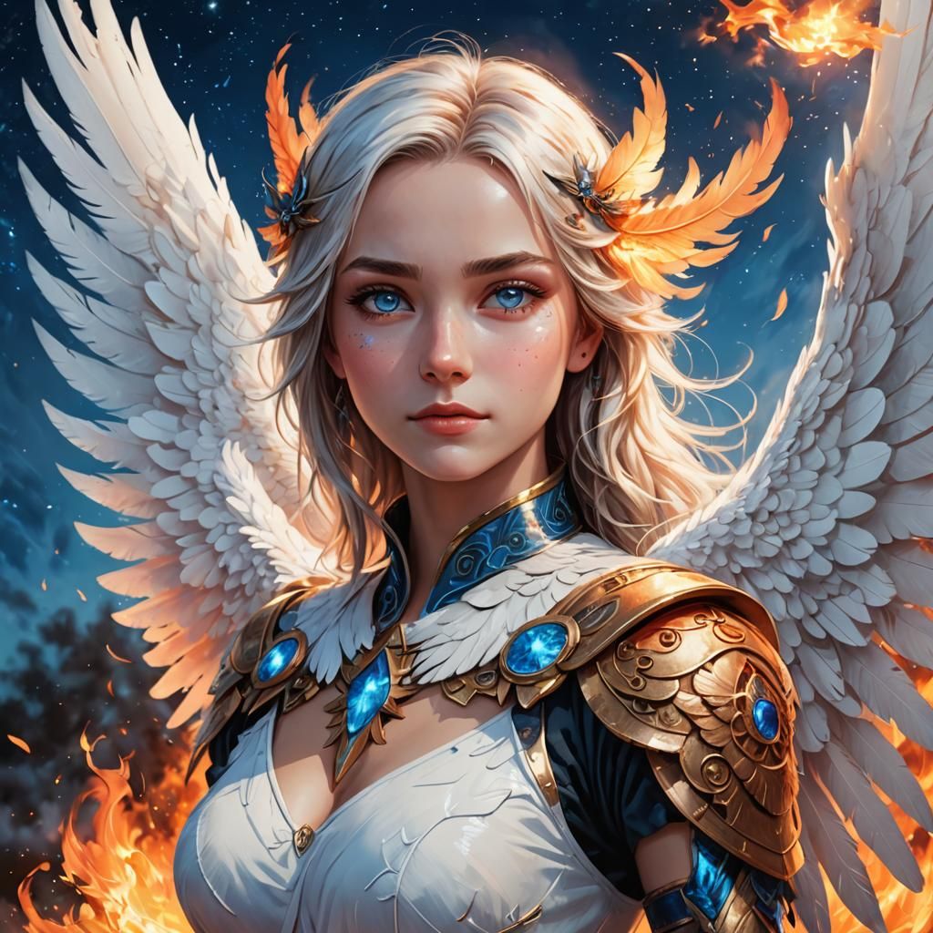 Fiery Bird Portrait with White Wings and Blue Eyes