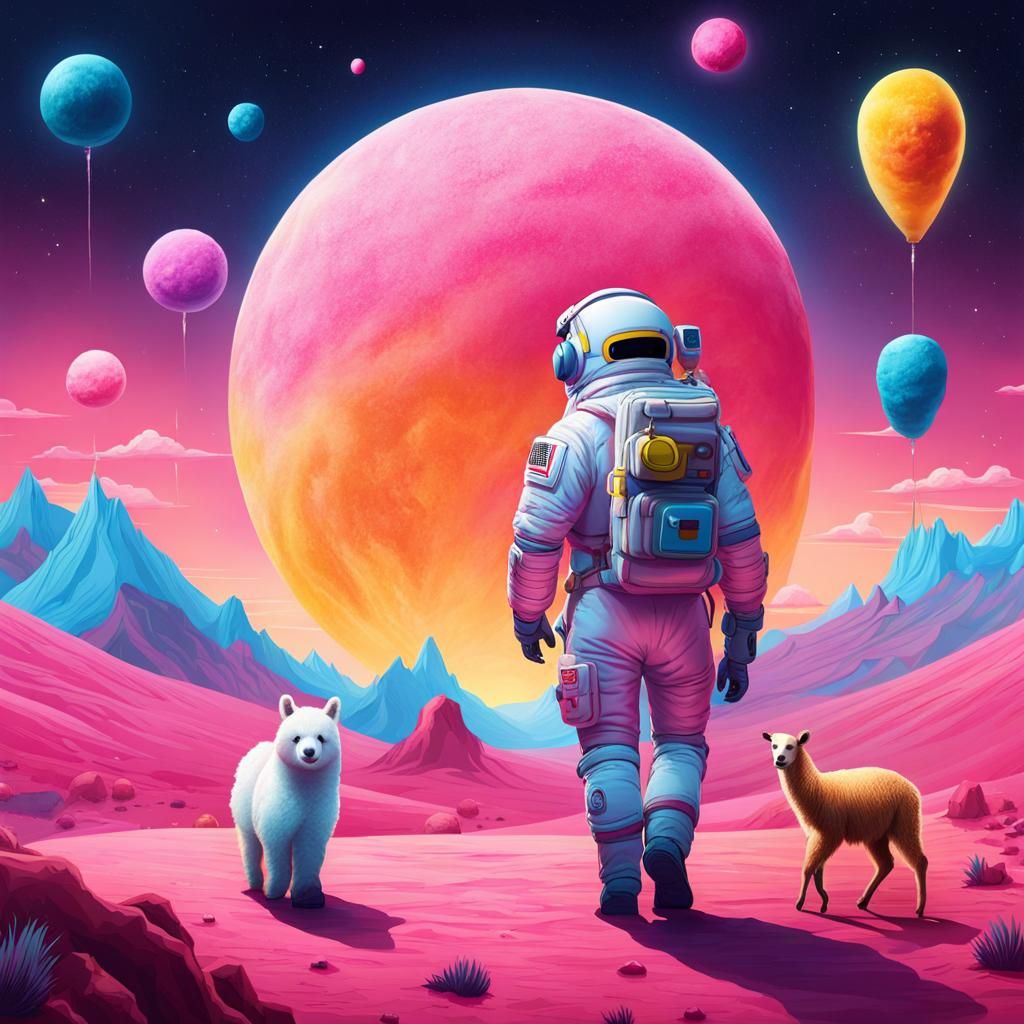 Astronaut on Cotton Candy Planet with Llama