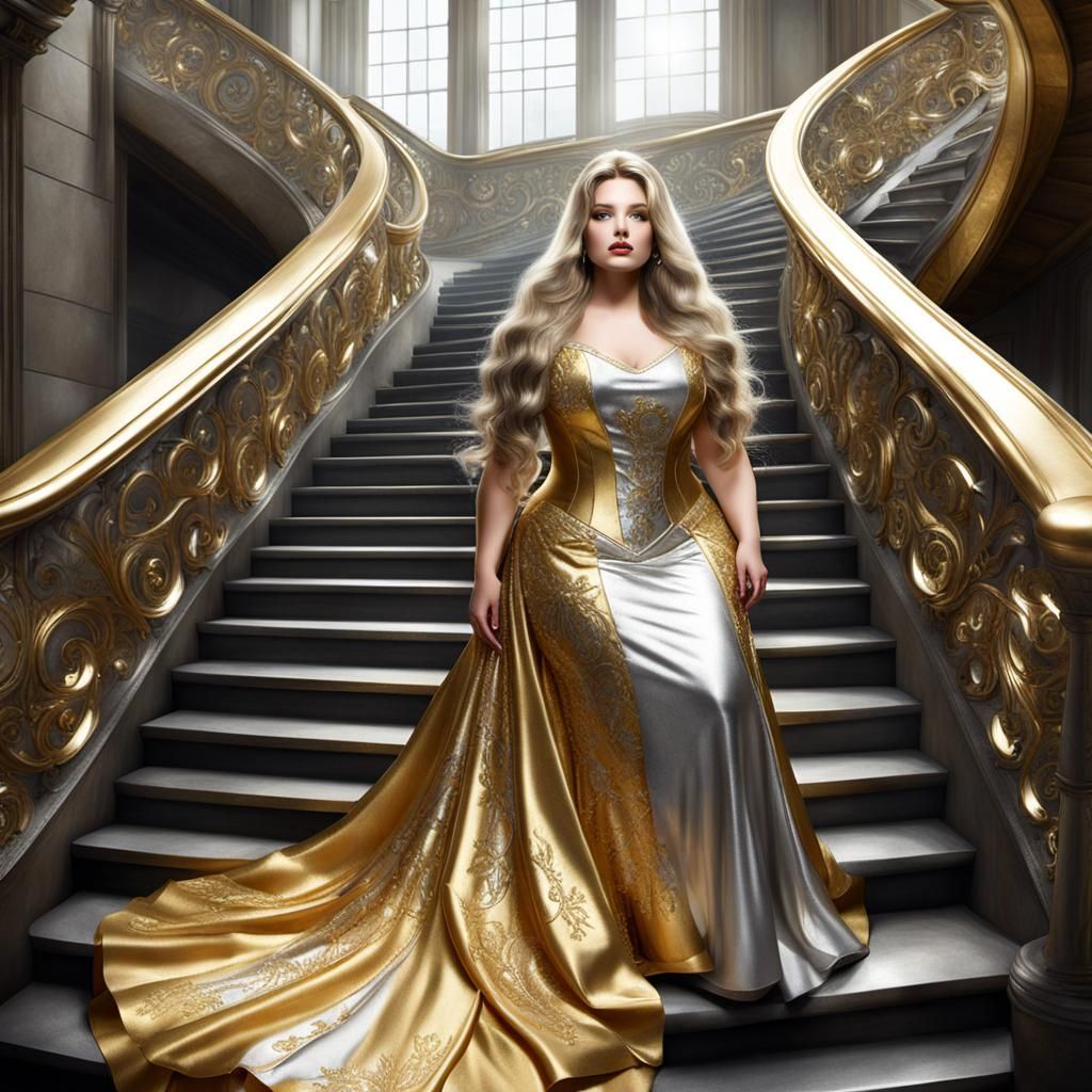 Biopunk Princess in Gold Gown on Staircase