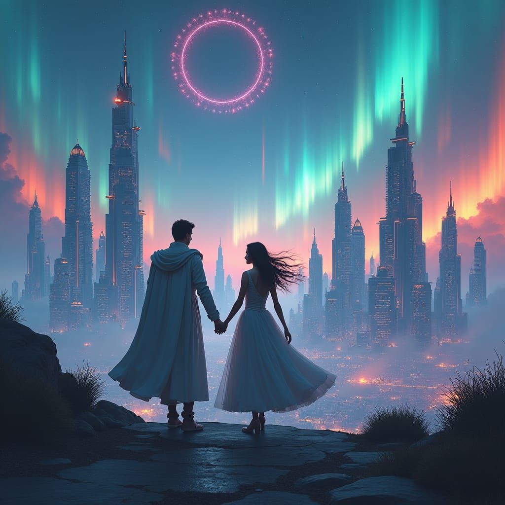 Prince and Cinderella Explore Futuristic Cityscape