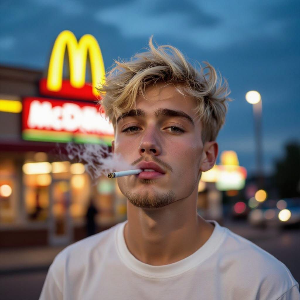 Young Man Smoking Outside McDonald's in Vivid Urban Style