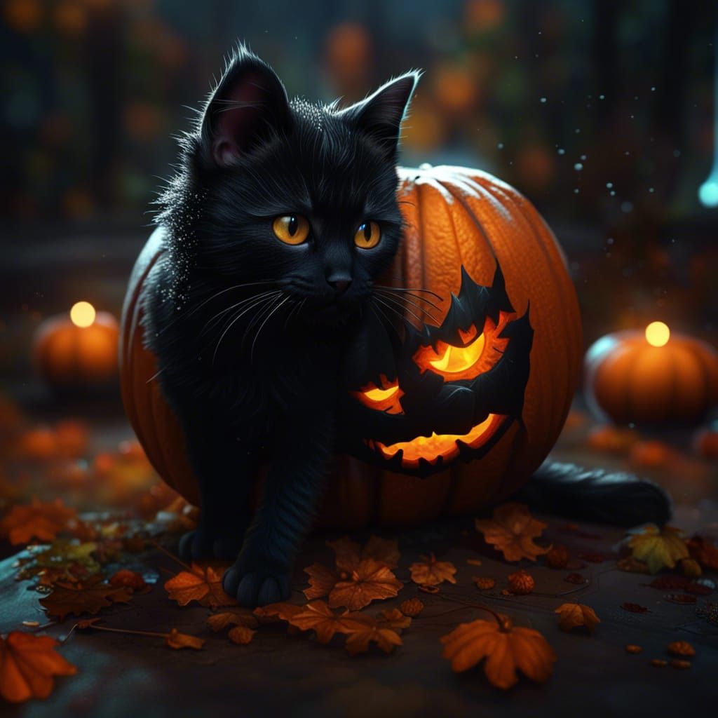 Black Kitten on a Pumpkin Patch