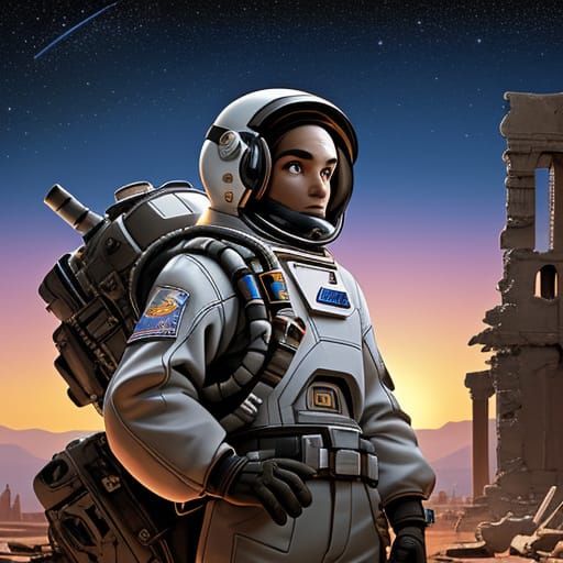 Astronaut Discovers Ancient Ruins in Futuristic Style