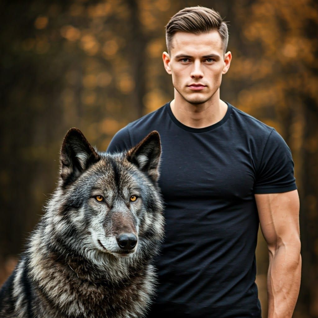 American Man and Black Wolf Dog Portrait