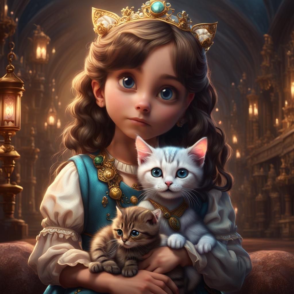 Princess Snuggling Kitten: Detailed Matte Painting