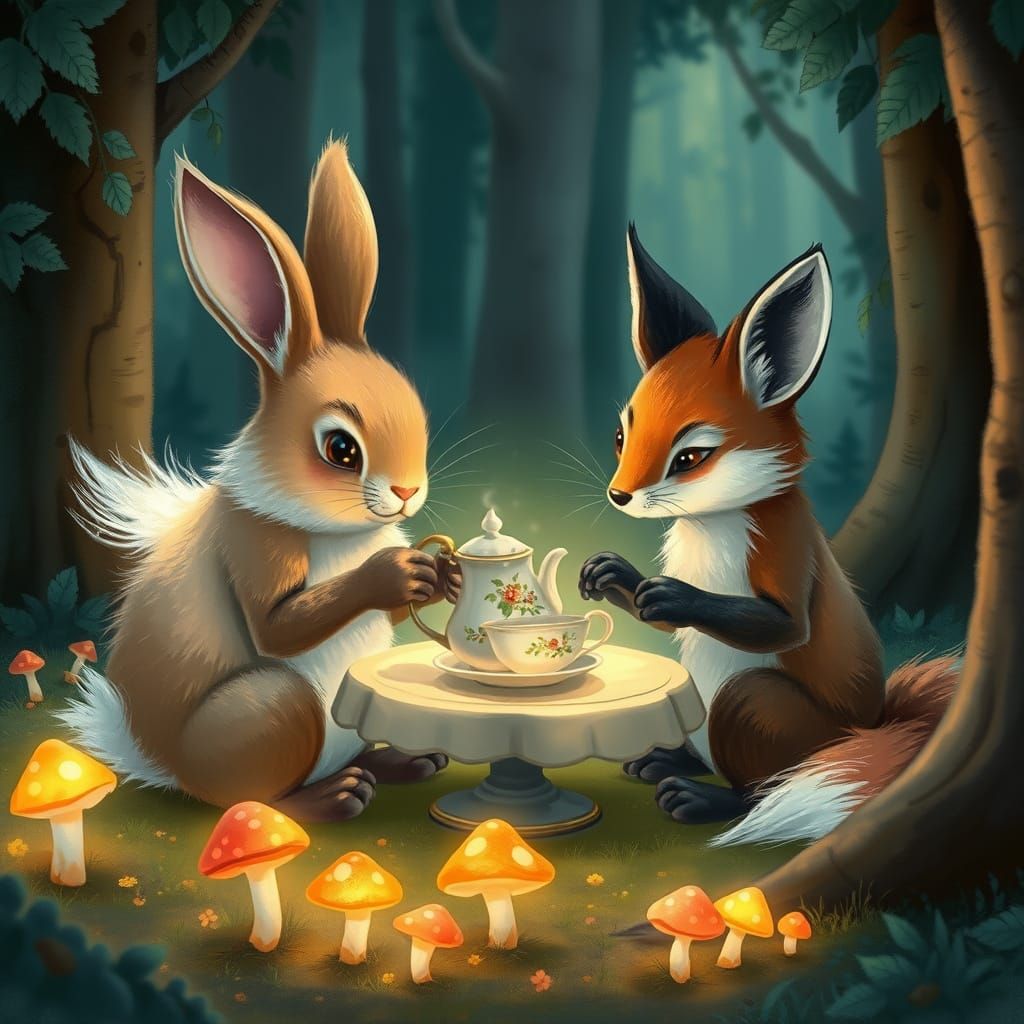 Rabbit and Fox Share Tea in Magical Forest Clearing