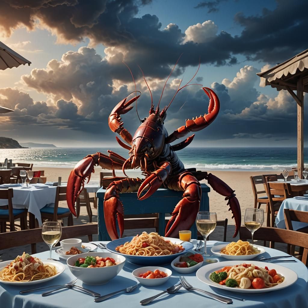 Lobster's Stormy Seaside Feast in Matte Painting Style