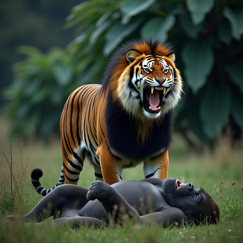 Tiger Roars Over Gorilla in Twilight Savanna